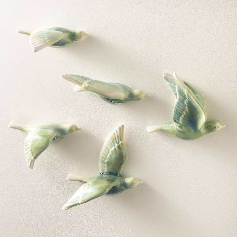 Ceramic Birds Wall Art, Set Of 5 - Blue Green